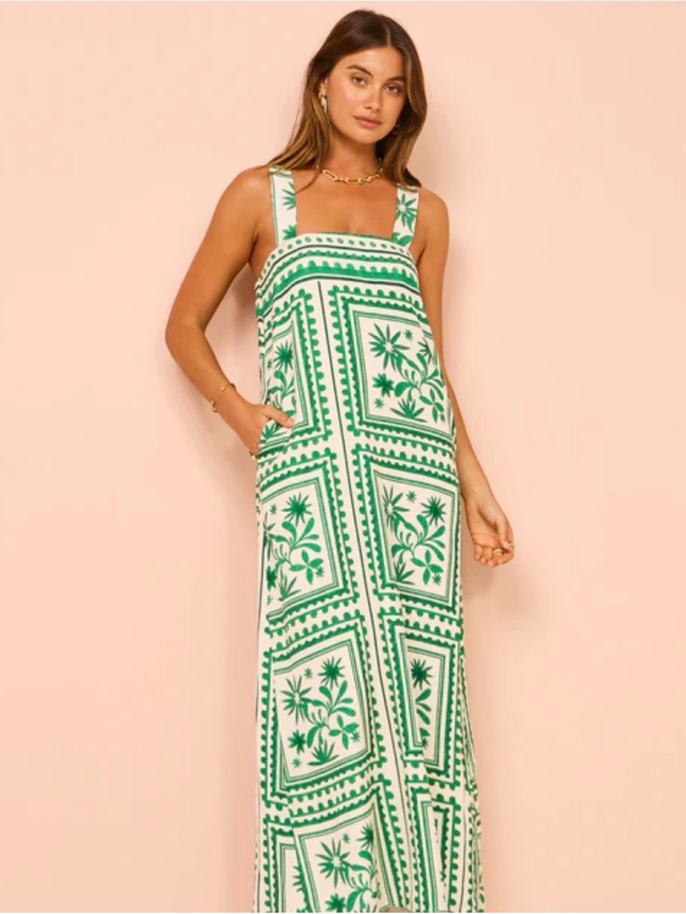 Sleeveless Cream Maxi Dress with Green Floral Tile Print